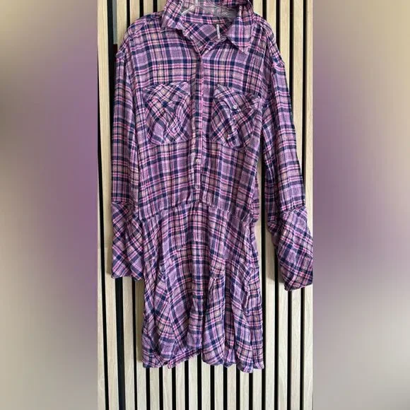 NEW FREE PEOPLE PINK MILO PLAID BUTTON FRONT MINI DRESS SIZE L - Picture 4 of 4